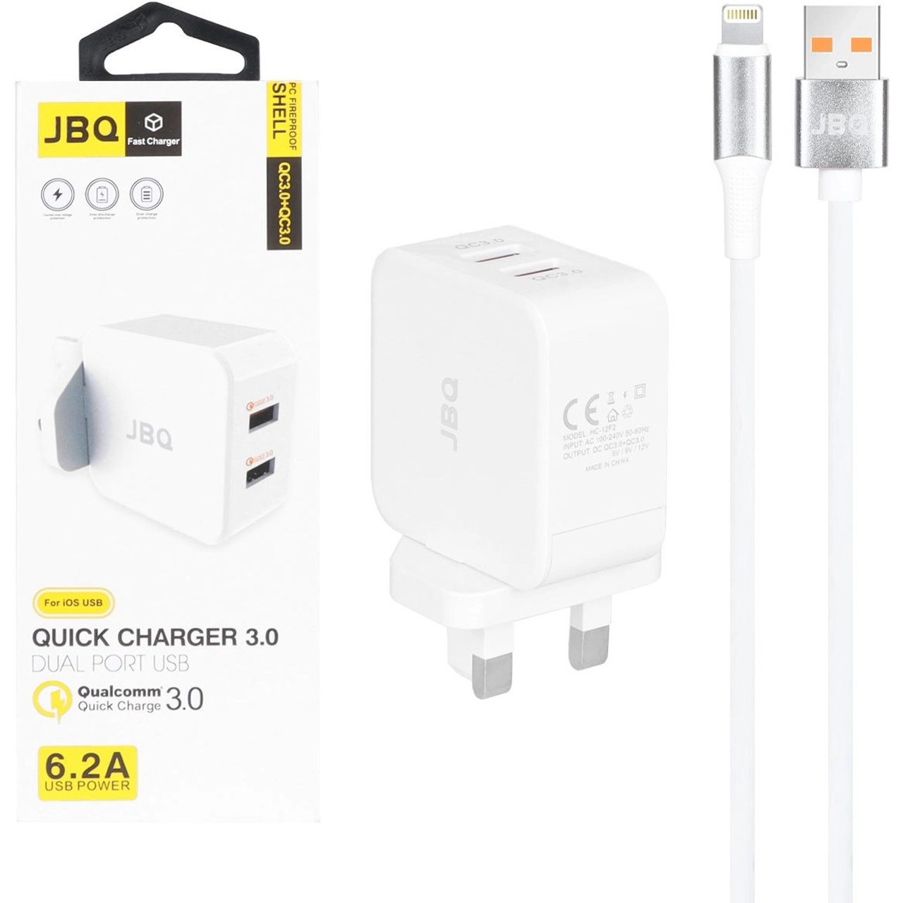 شارژر دیواری فست دو پورت JBQ مدل HC-12F2 30W همراه با کابل آیفون - سفید - پک ضعیف (گارانتی یکساله رصاصی)